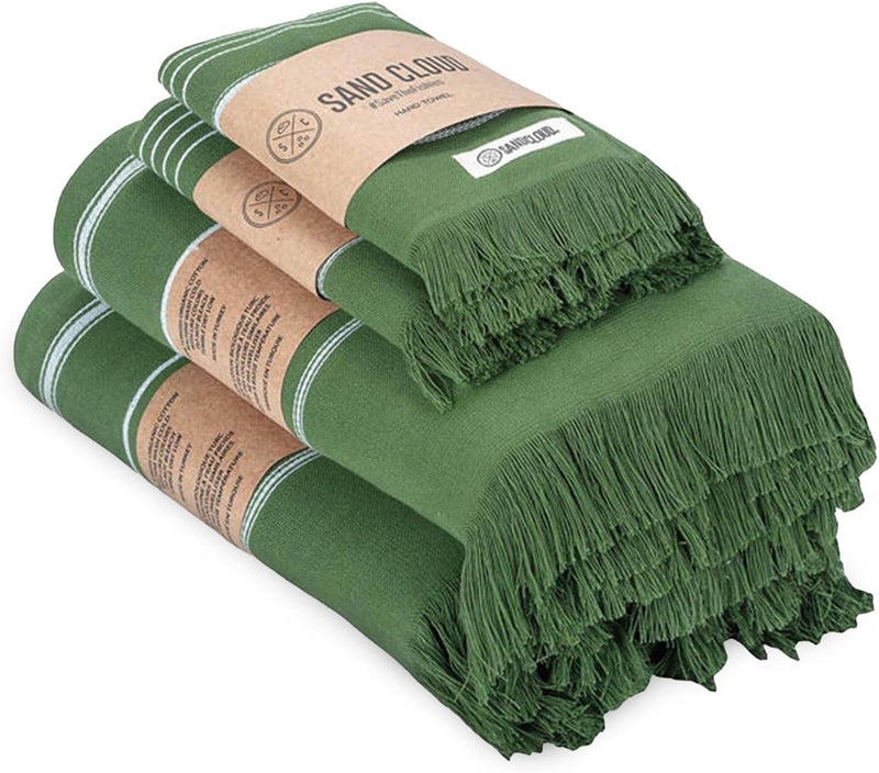 Sand Cloud Turkish Bath Towels Bundle for Bathroom, Set of 4 (Classic Green) - Large Size - 100% Certified Organic Cotton Yarn is Lightweight, Soft & Absorbent - Premium Bath Towels Dry Faster - Image 1